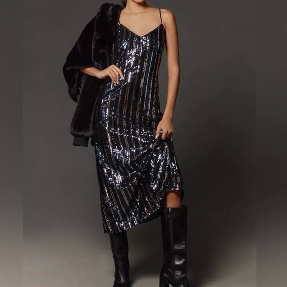 ANTHROPOLOGIE MAEVE SLEEVELESS SEQUIN STRIPE MIDI DRESS-XXS-NWT